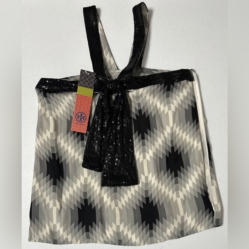 Tory Burch NWT Silk Sequin Betty Halter Top Grey Black Geometric Kitty Top Sz 2